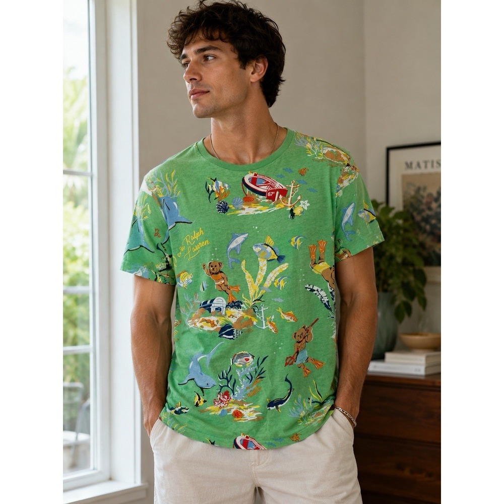 Polo Ralph Lauren Mens Bear Ocean Scuba T Shirt Top Small Green Jersey Stretch